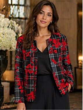 Red & Black Plaid Floral Open Jacket